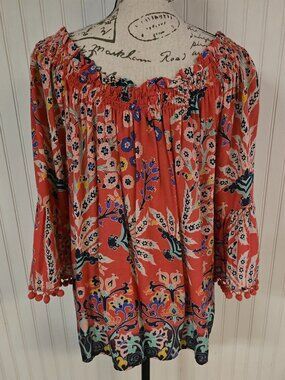 Versatile On & Off‑Shoulder Flowing Boutique Top with Pom‑Pom Sleeves - XL